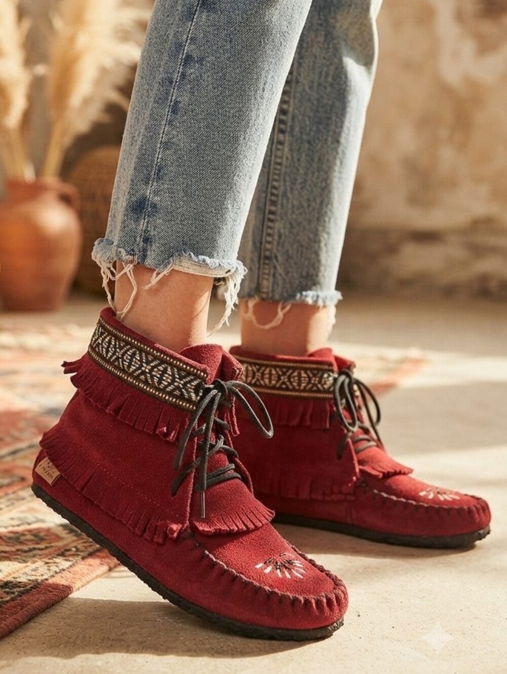 Laurentian Chief Suede Fringe Moccasin Boots - Women size 7